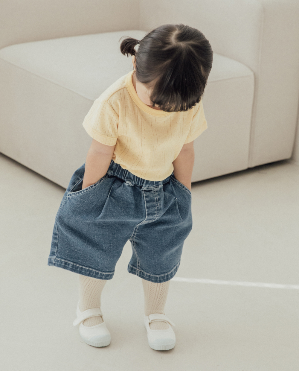 ストレッチデニム 5分丈 ワイドパンツ