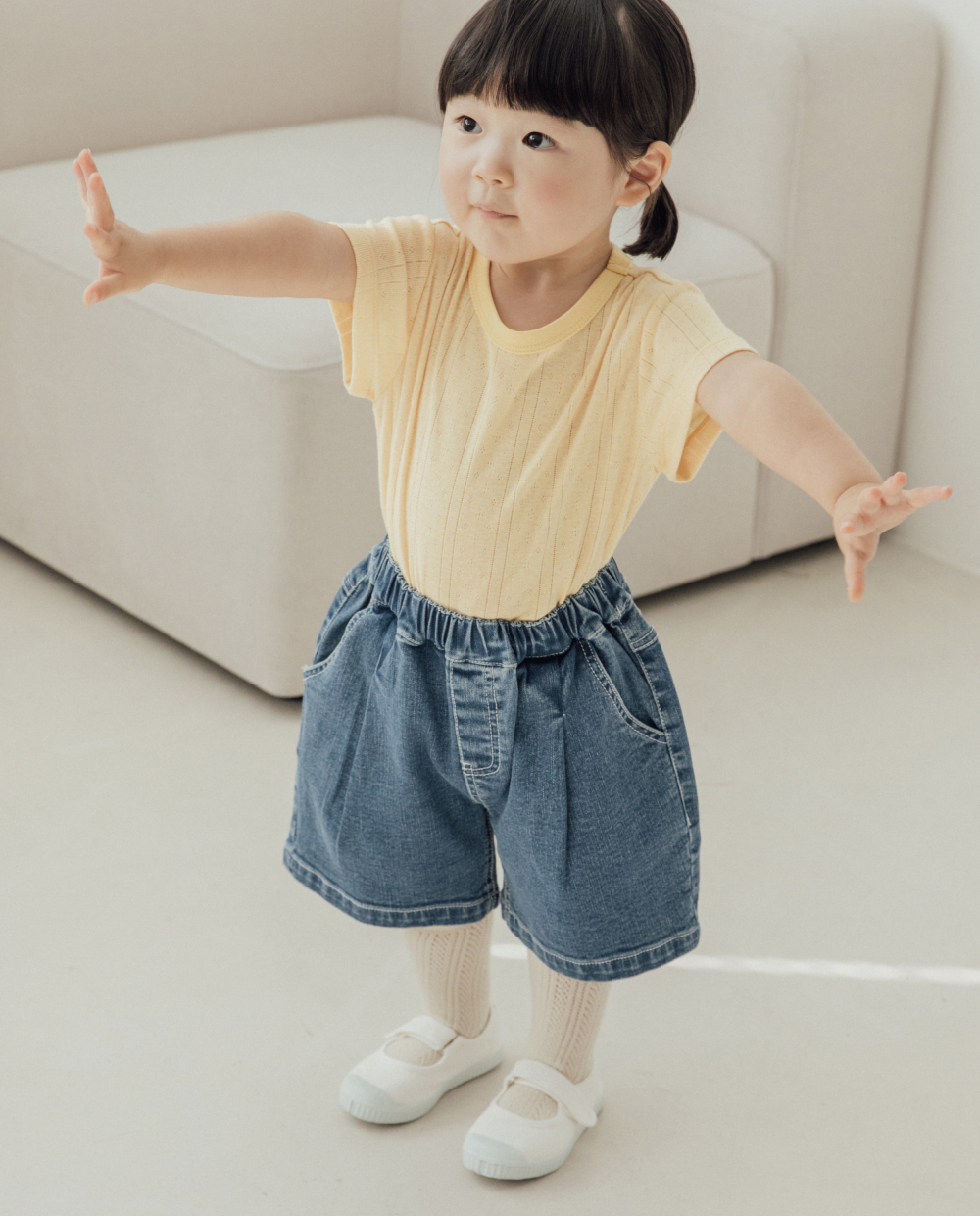 ストレッチデニム 5分丈 ワイドパンツ