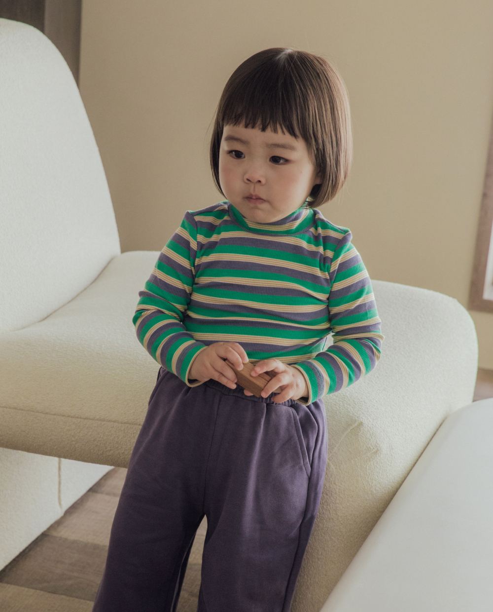 もちもちリブ ハーフネック ストライプ Tシャツ